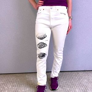CUSTOM”EYES” sz 28x 30 Button fly Levi’s 501 straight leg High waist white denim